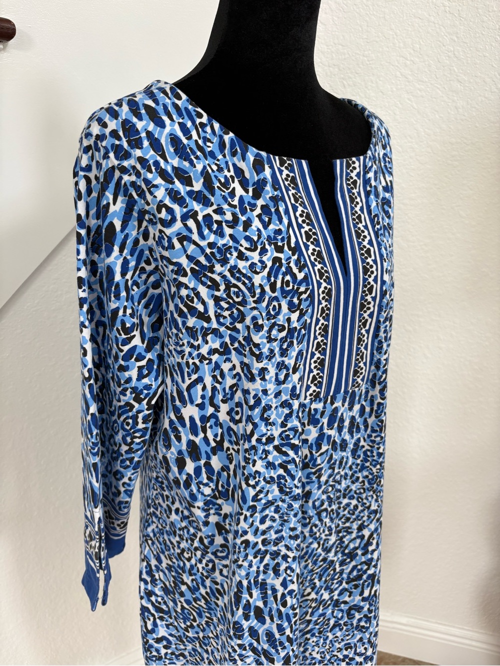 Blue Leopard Print Midi Dress with Contrast Bib